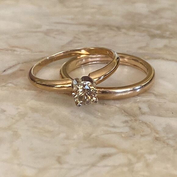 14K Fancy Champagne.55 Carat Diamond Solitaire Ring & 14K Wedding Band - Picture 2 of 11